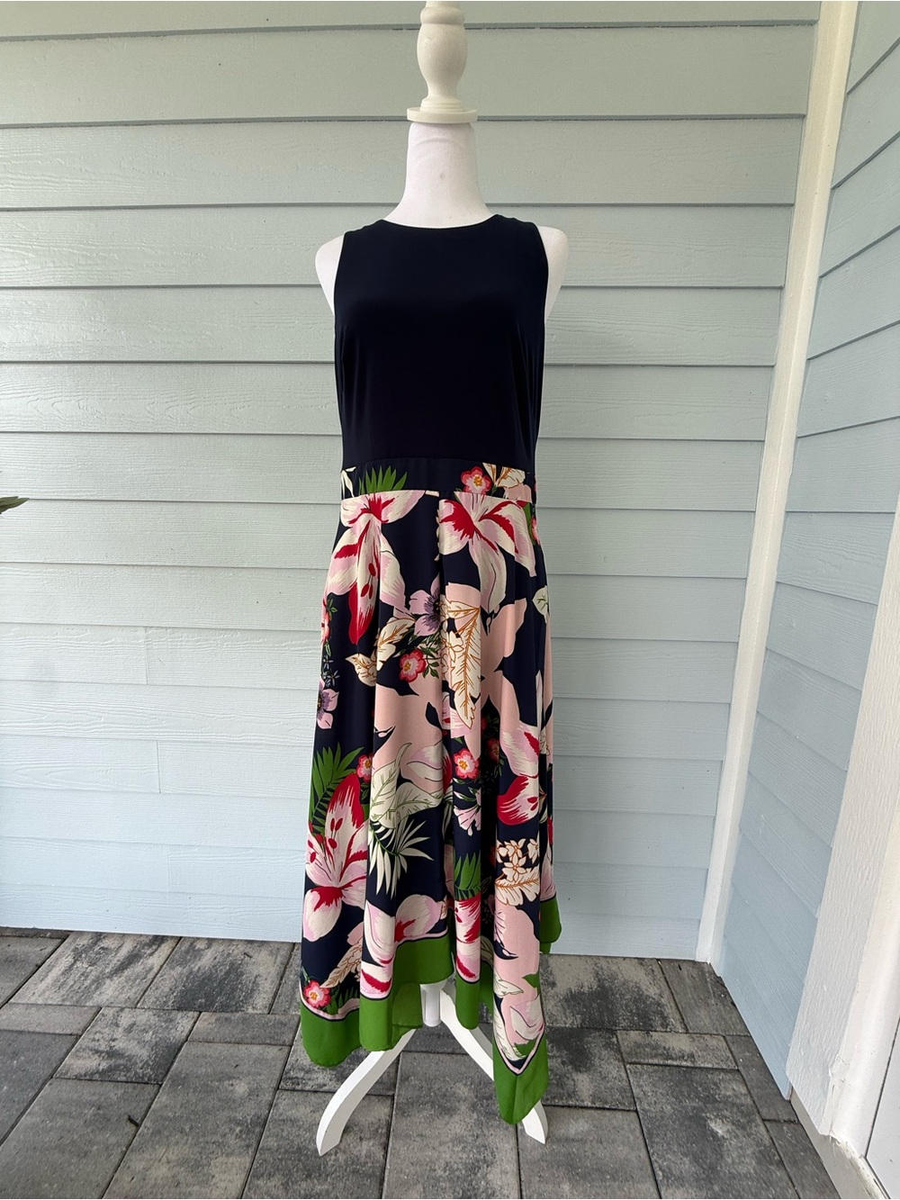 Vince Camuto Navy Bodice Floral Maxi Dress with Pink, Green and Cream Accents